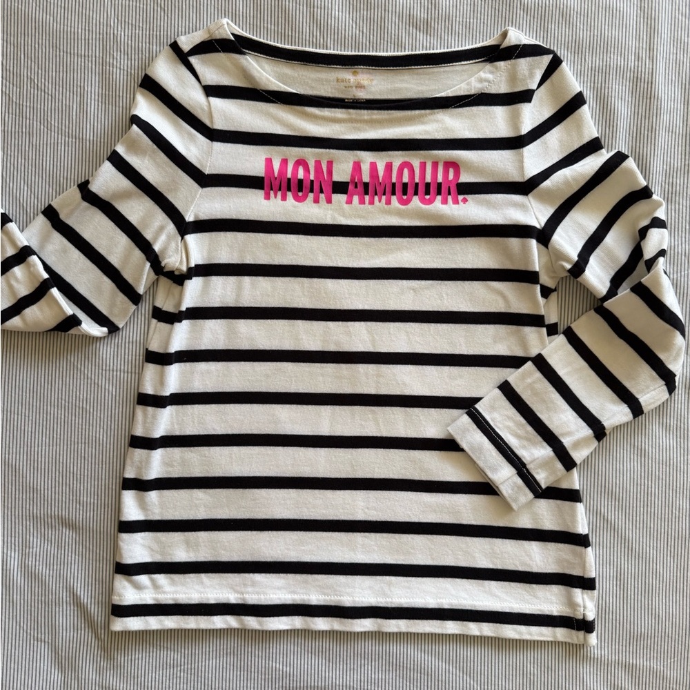 Kate Spade Black and White Striped Sweatshirt with Pink Text